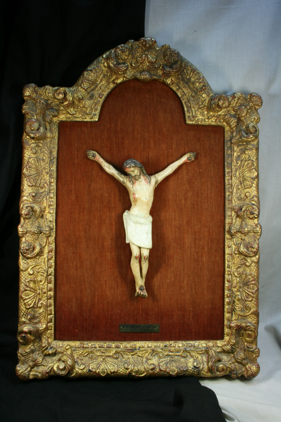 Antiques of wooden christ with frame polychrome