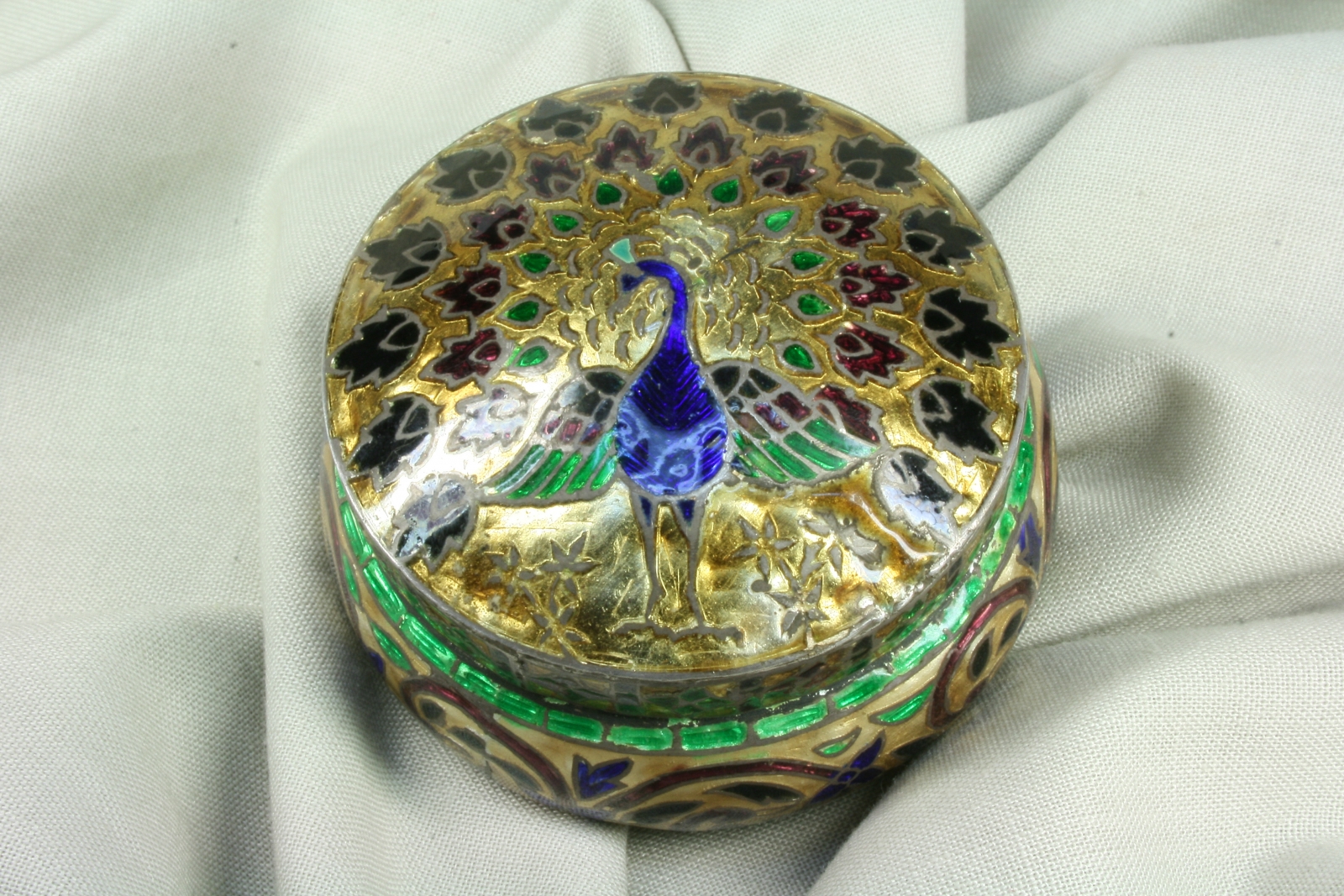 Antiques of metal box and cloisonne enamel art deco peacock