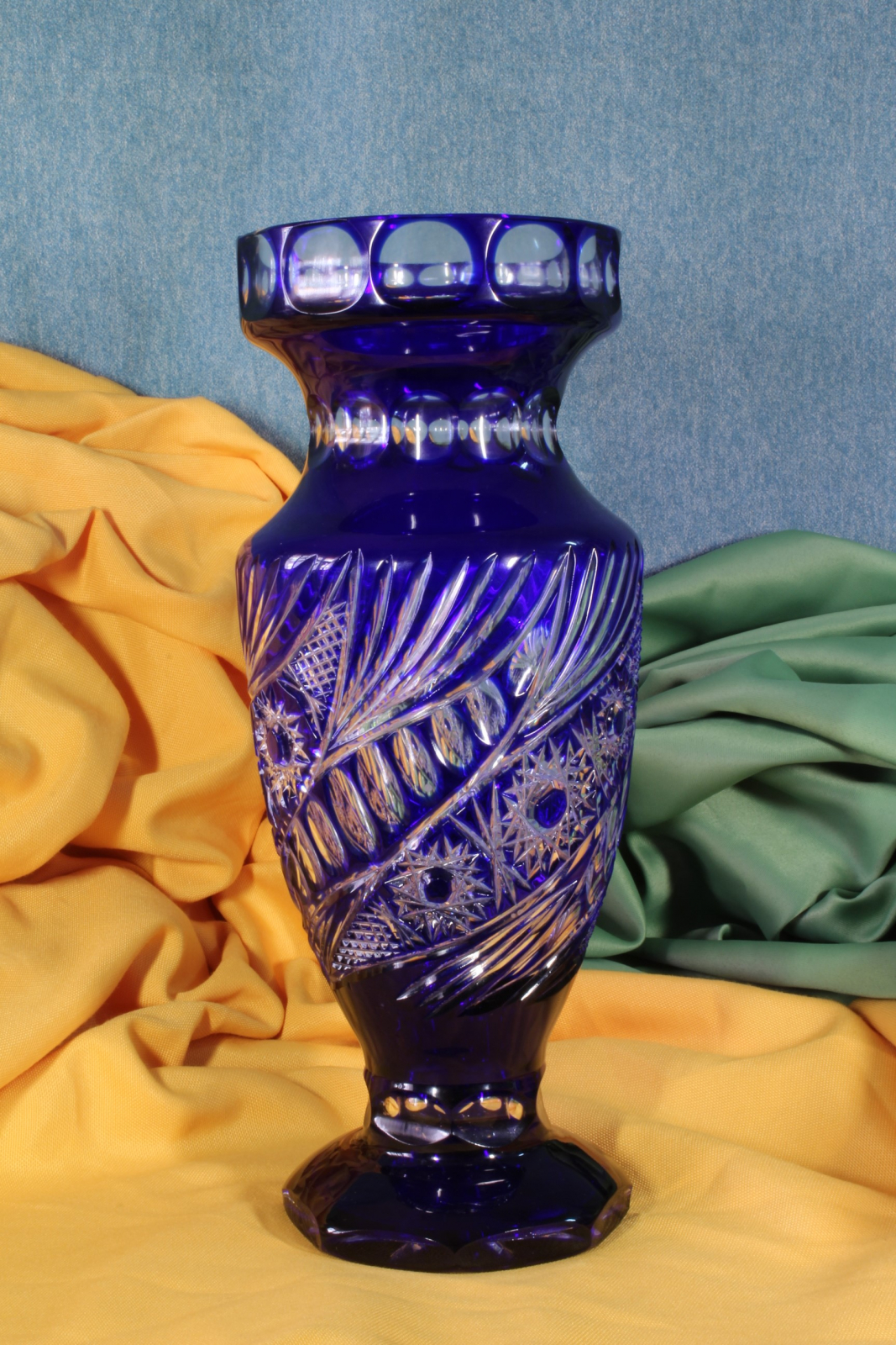 Antiques of carved lead crystal vase cobalt blue srpska fabrika stakla serbia