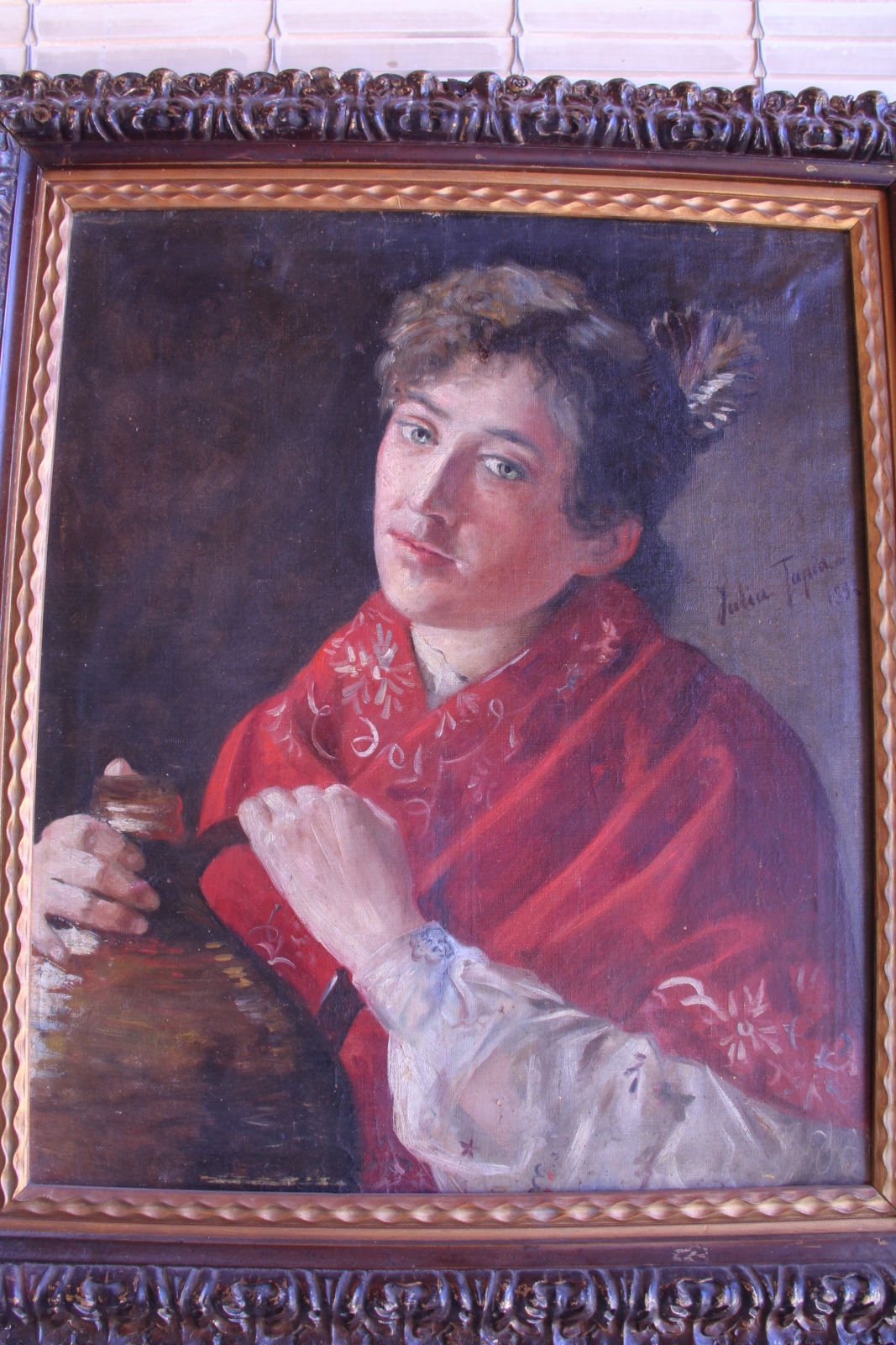 Antiques of oil young man with red shawl julia tapia