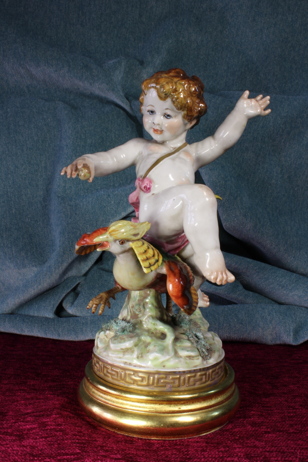 Antiques of polychrome porcelain sculpture angel with pheasant algora