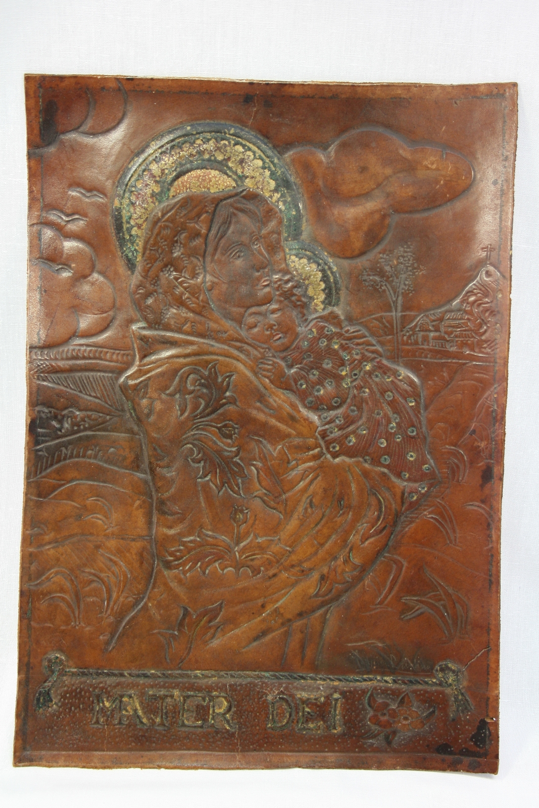 Antiques of cordoban embossed leather virgin and child leather