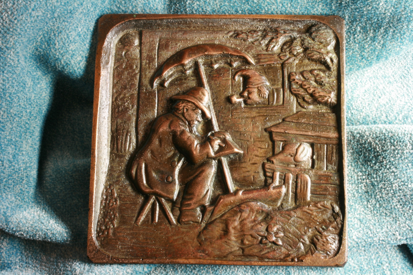 Antiques of copper tray with local costumbrista scene