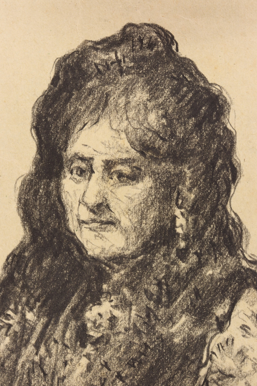 Dibujo carboncillo señora con mantilla. 1930