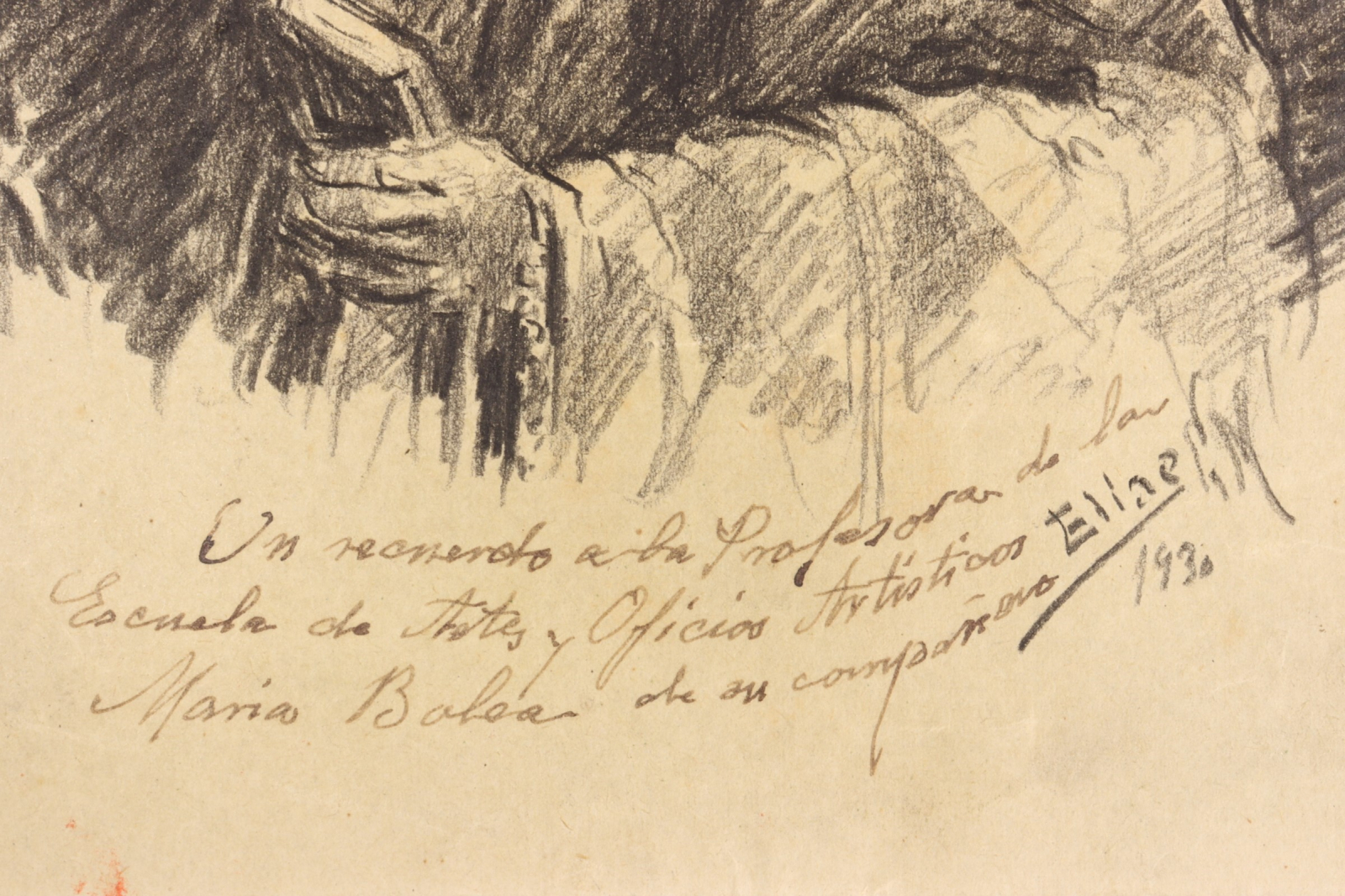 Dibujo carboncillo señora con mantilla. 1930