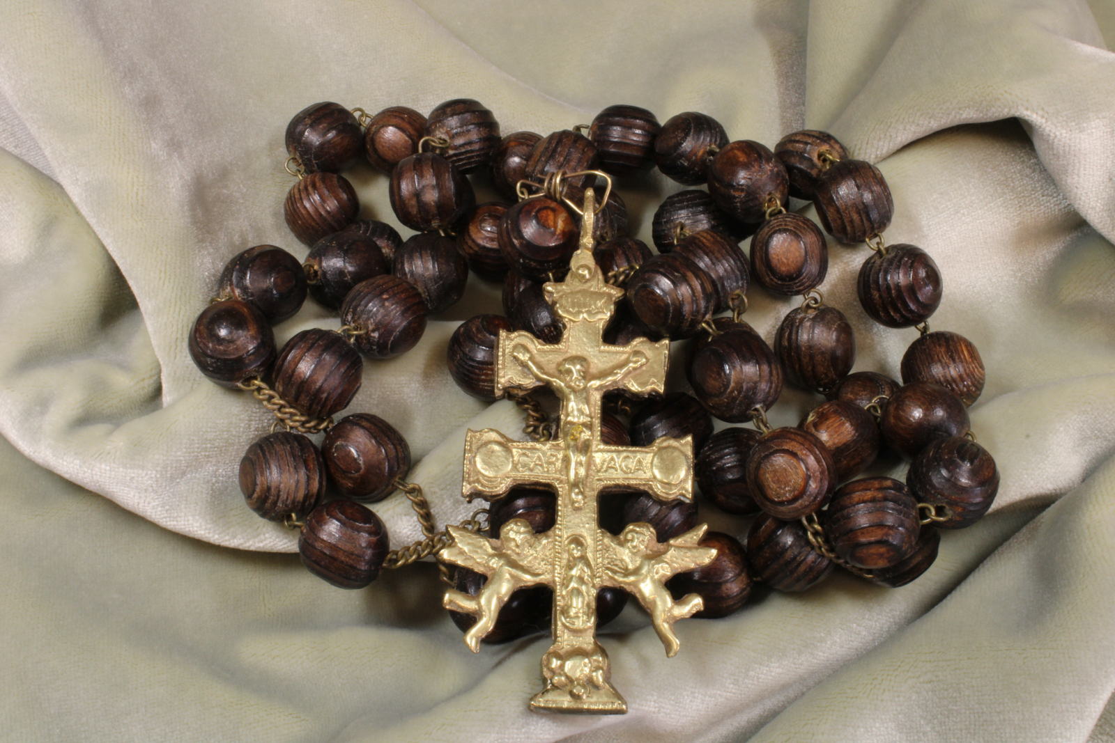 Antiques of wooden rosary and caravaca cross large