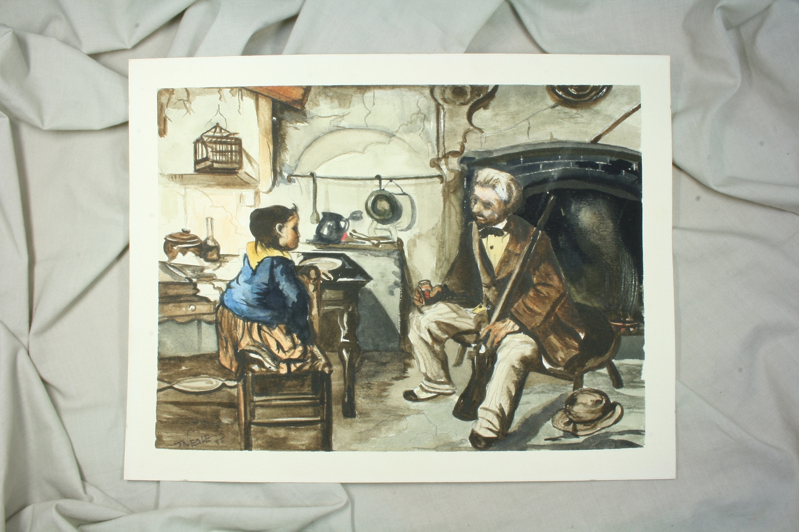 Antiques of watercolor kitchen grandfather with granddaughter