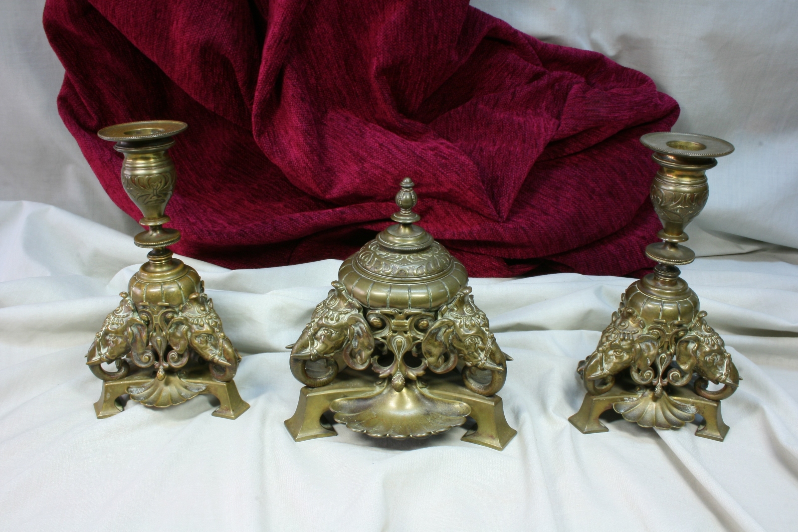 Antiques of modernist desk set inkstand and candlesticks elephants