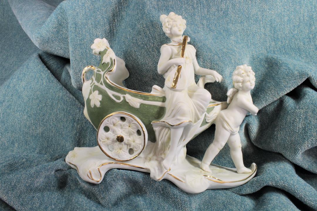 Antiques of biscuit vase figure woman with angel and sledge polychrome modernist