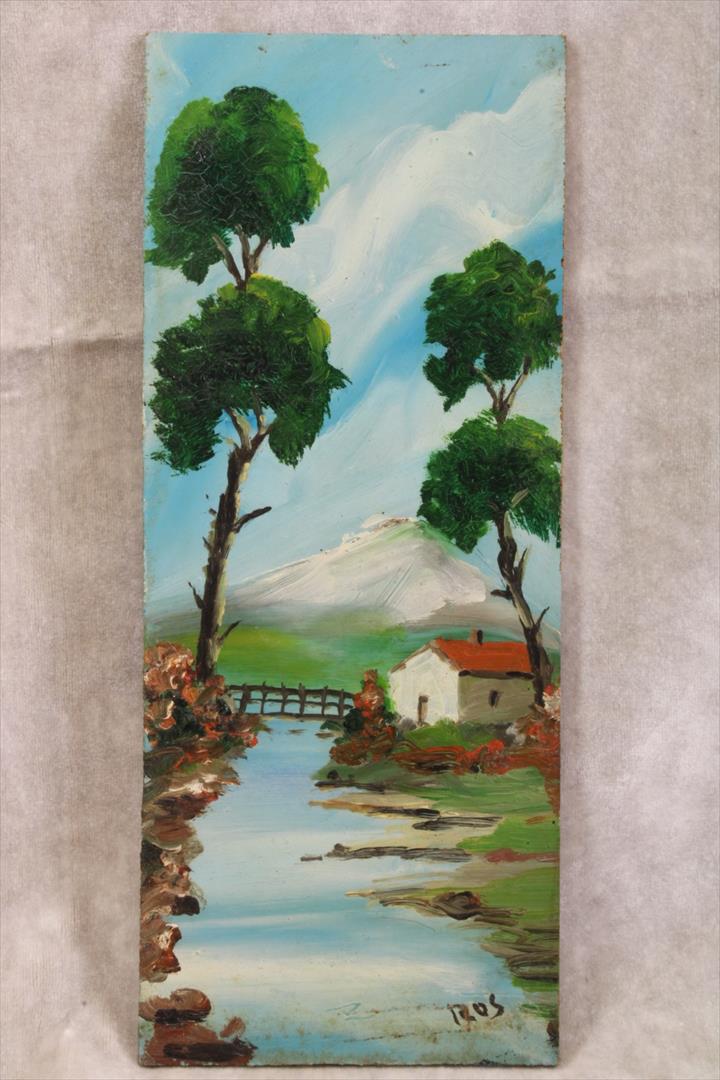 Antiques of oil landscape ros small pressed cardboard board