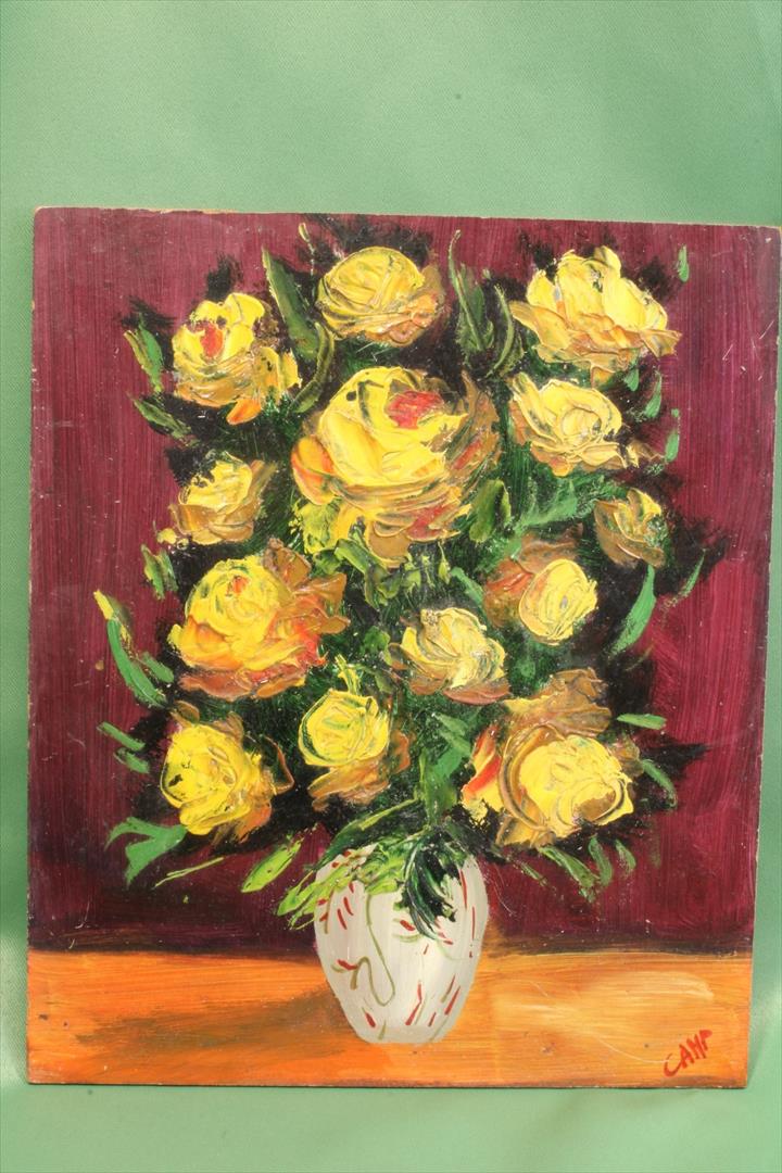 Antiques of oil on cardboard vase of yellow roses