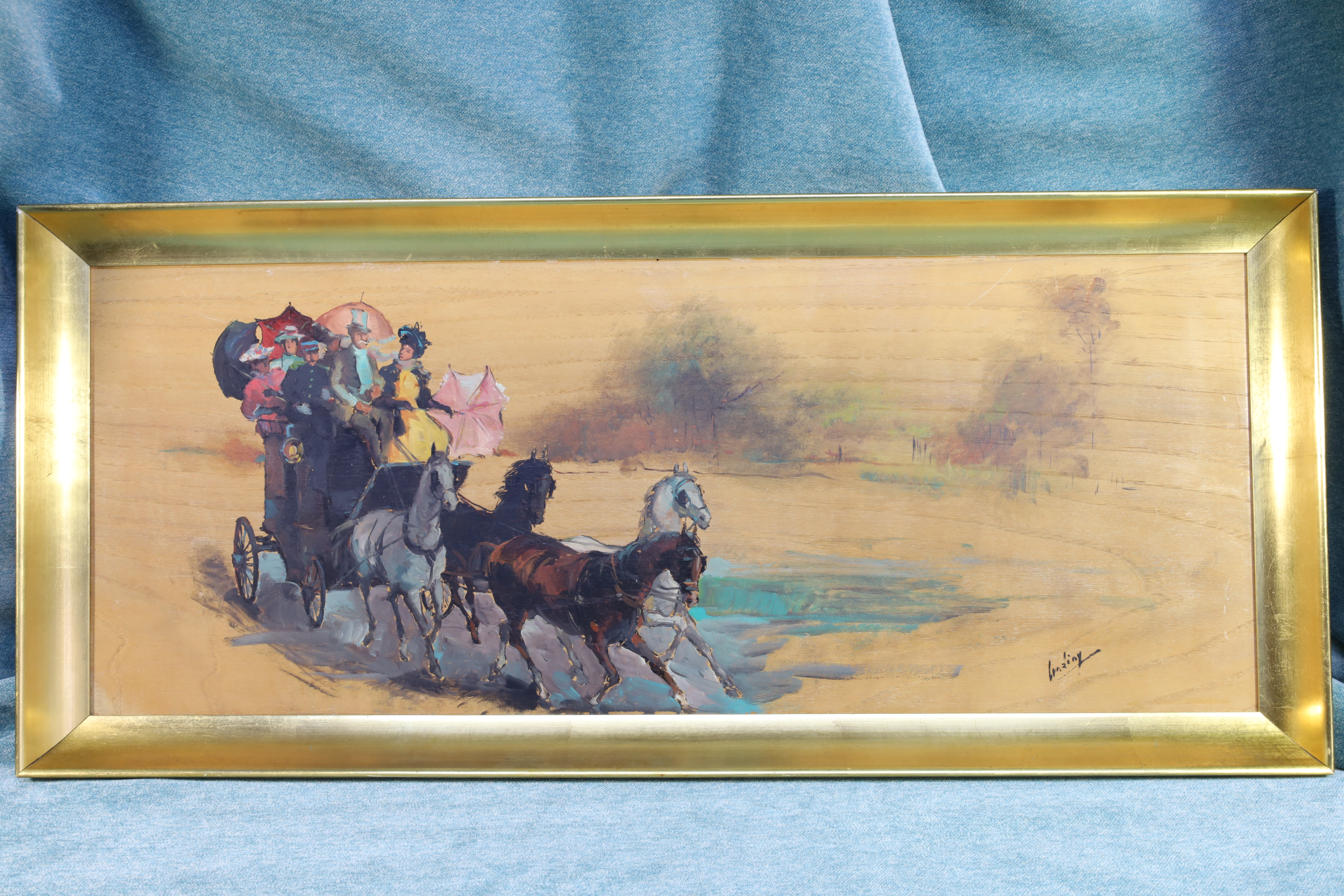 Antiques of oil on panel vintage chariot original