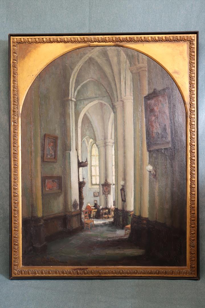 Antiques of oil painting interior of the cathedral of bruges richard leutenez