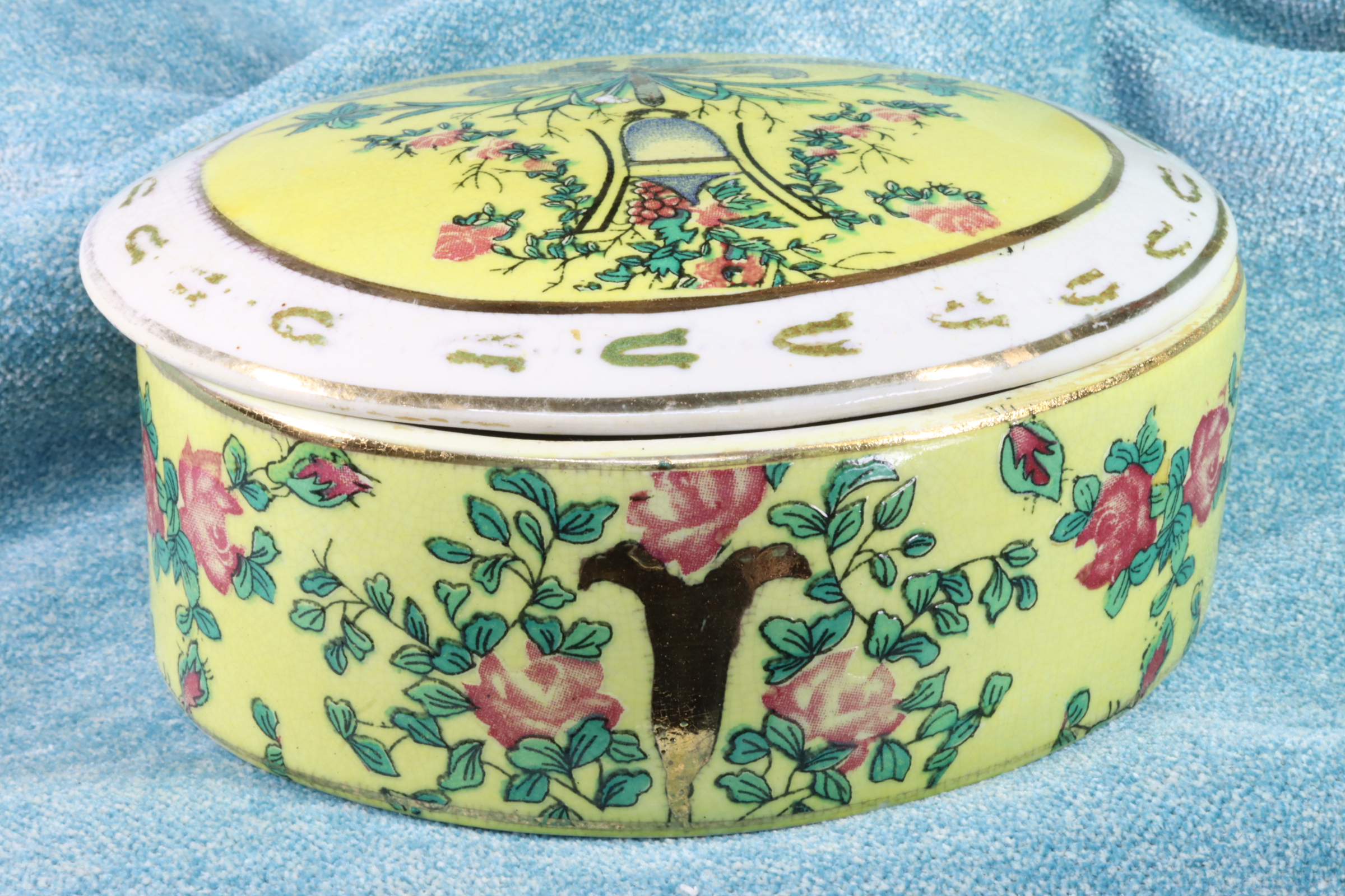 Antiques of oval earthenware box made in china satsuma style