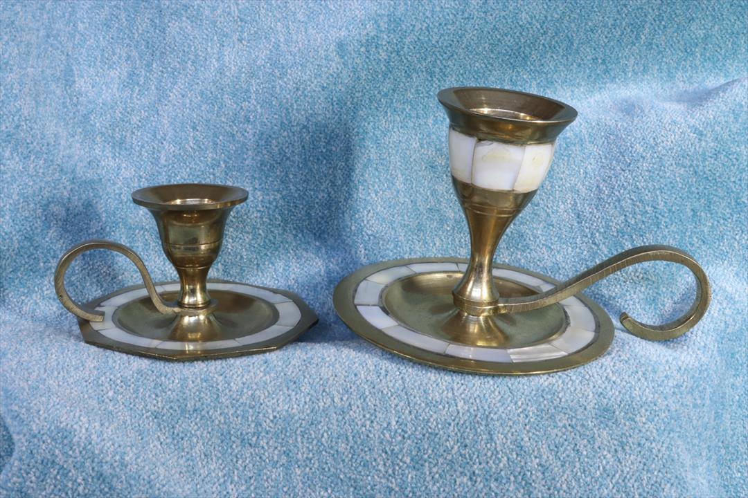 Antiques of pair of brass candlesticks motherofpearl