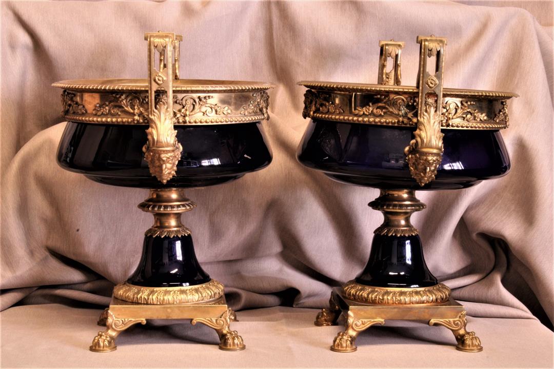 Antiques of pair of empire style goblets bronze and porcelain th century