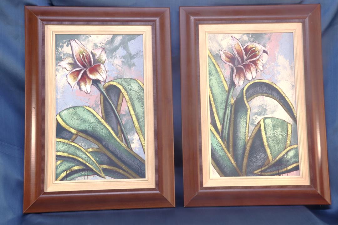 Antiques of pair of oil paintings on panel flowers lilies cristina ferrer