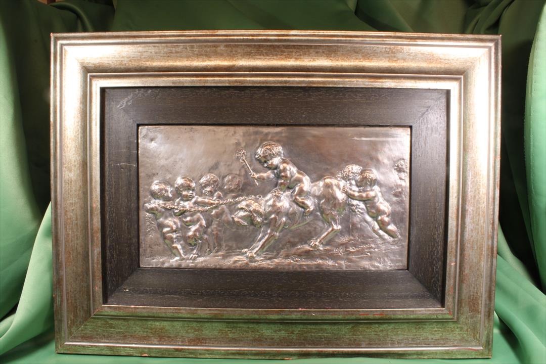 Antiques of plaque copper plated clodion dog with children