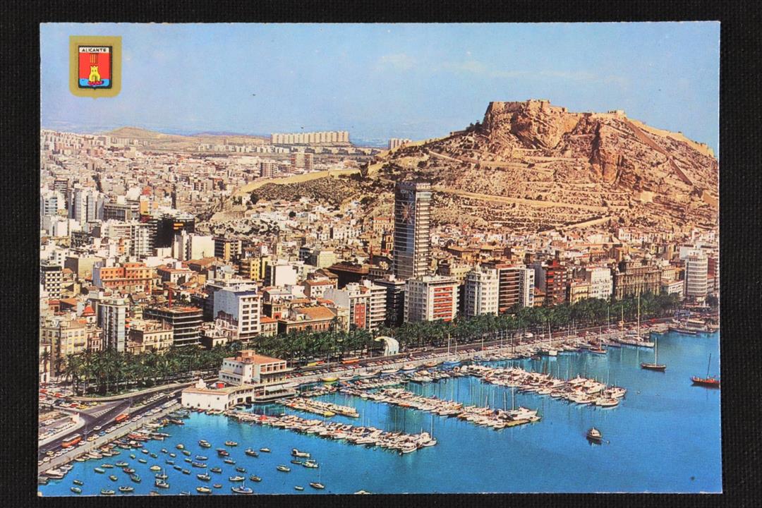 Antiques of postcard alicante general view port and castle colour