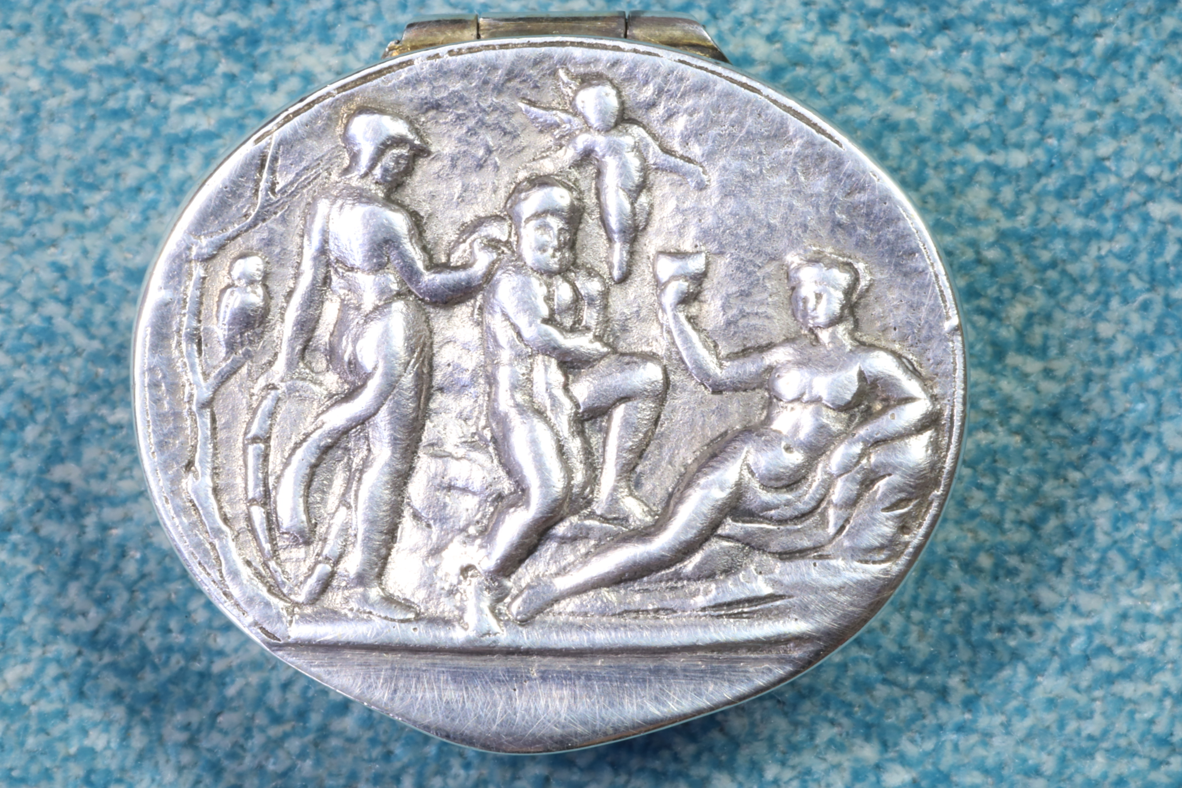 Antiques of silver oval box mythological scene