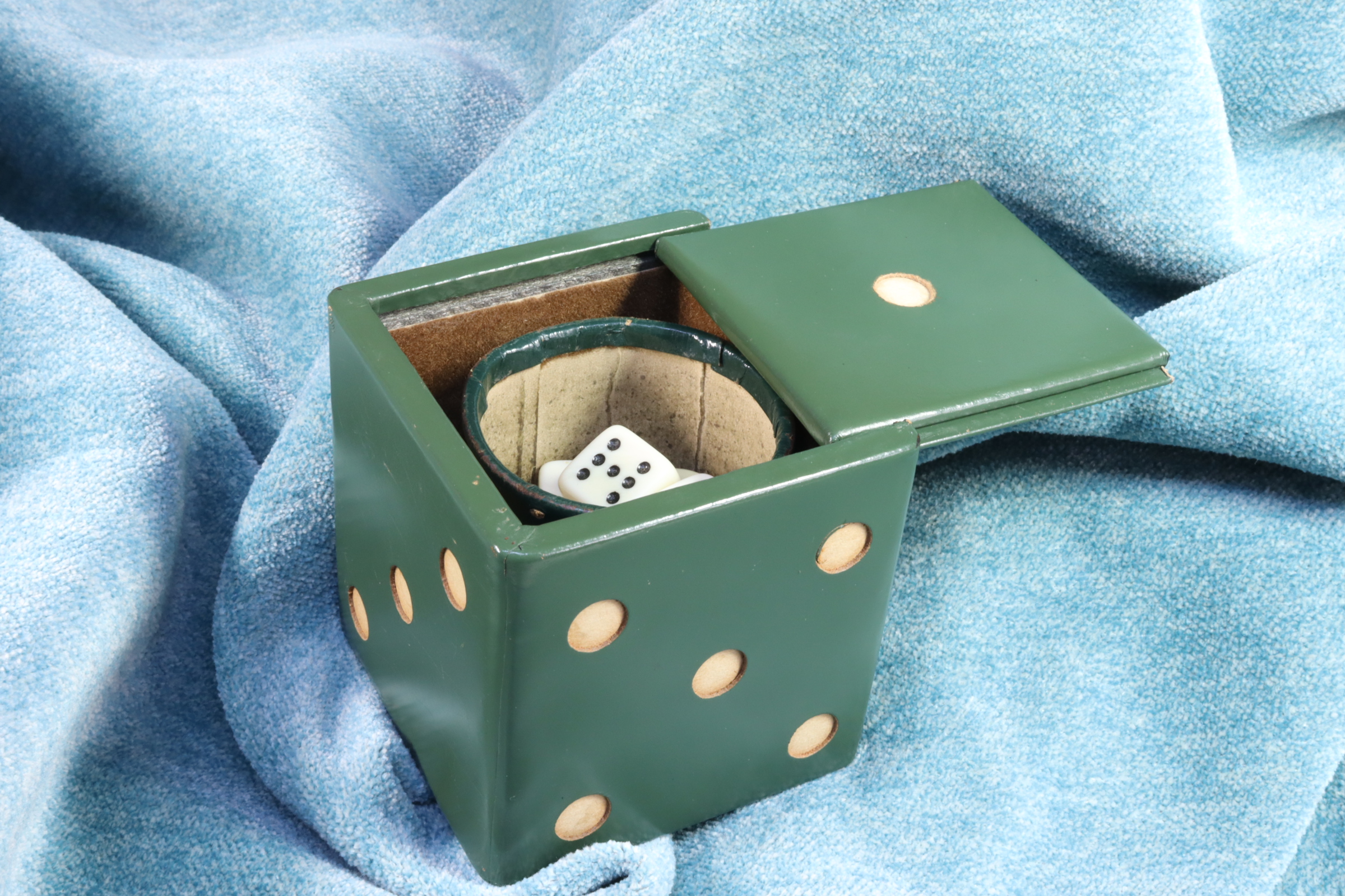 Antiques of diceshaped box with cup and dice