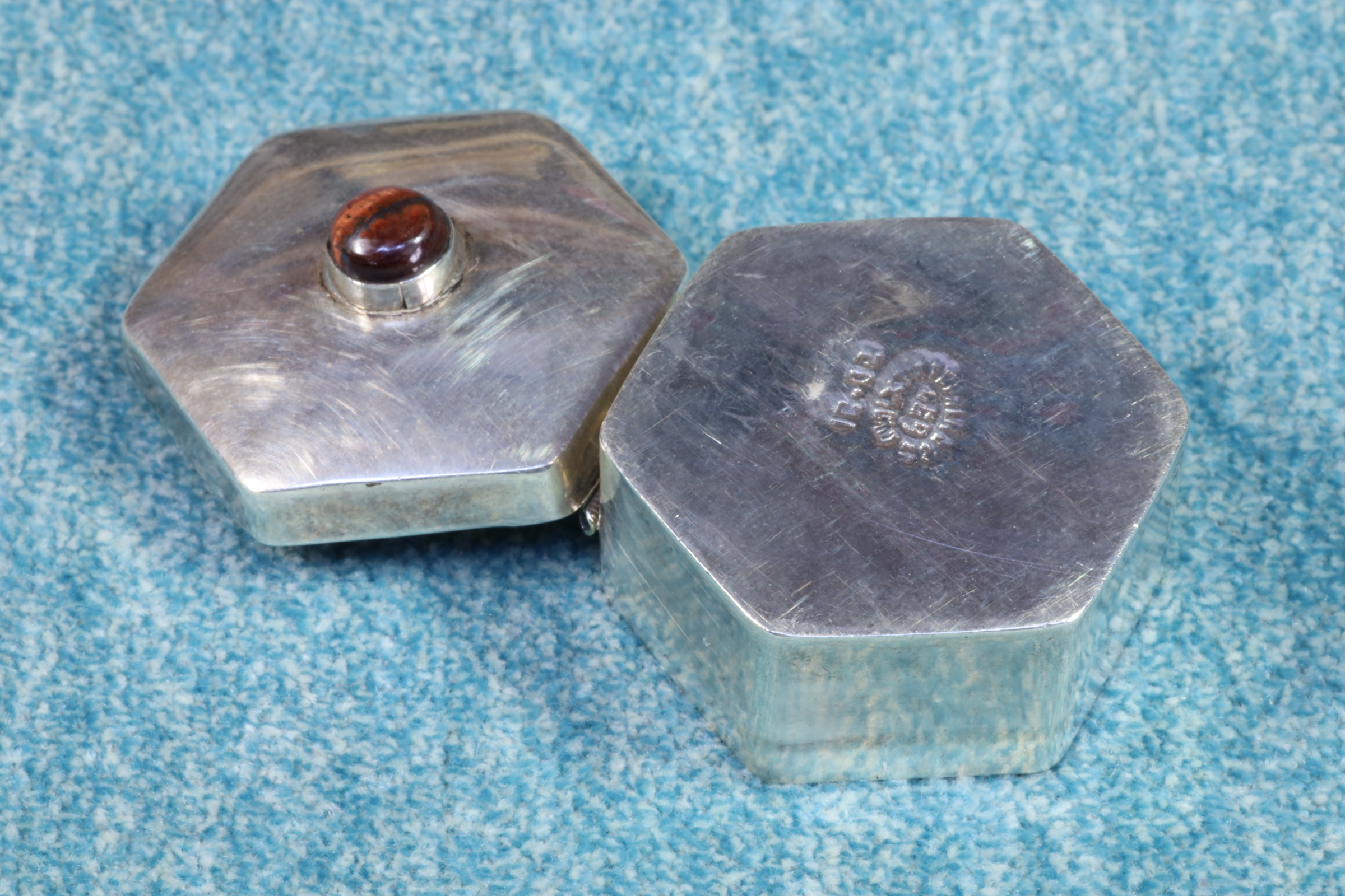 Antiques of hexagonal pill box brown stone silver