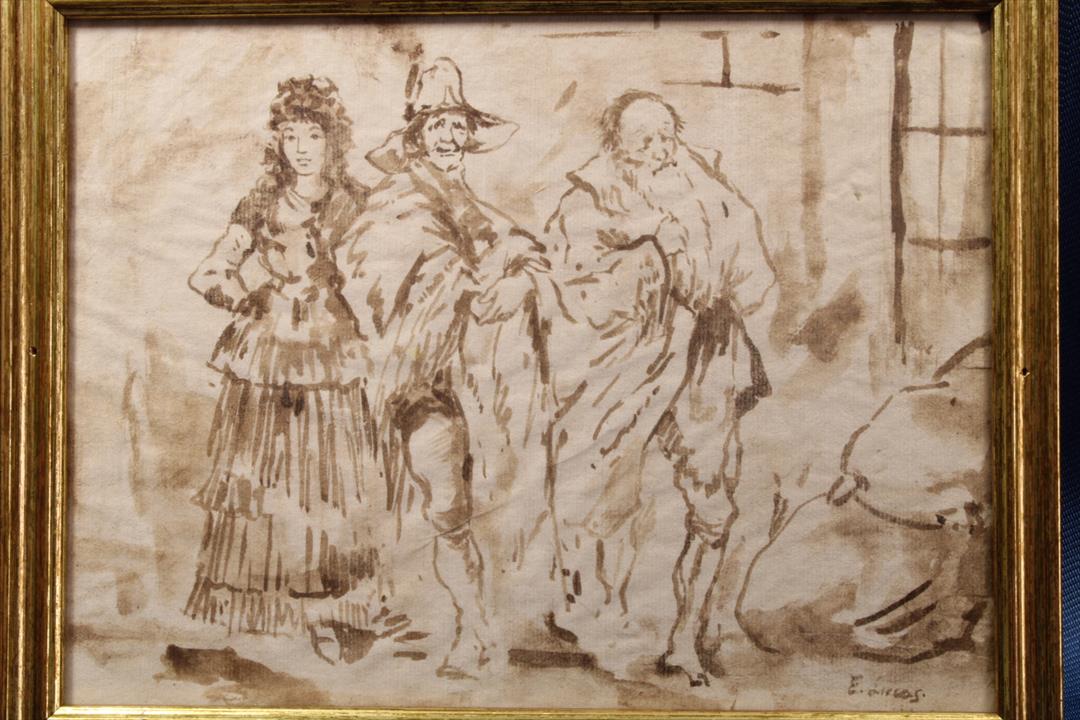 DIBUJO AGUADA TIPOS POPULARES DE MADRID. E. LUCAS VELÁZQUEZ. (t)