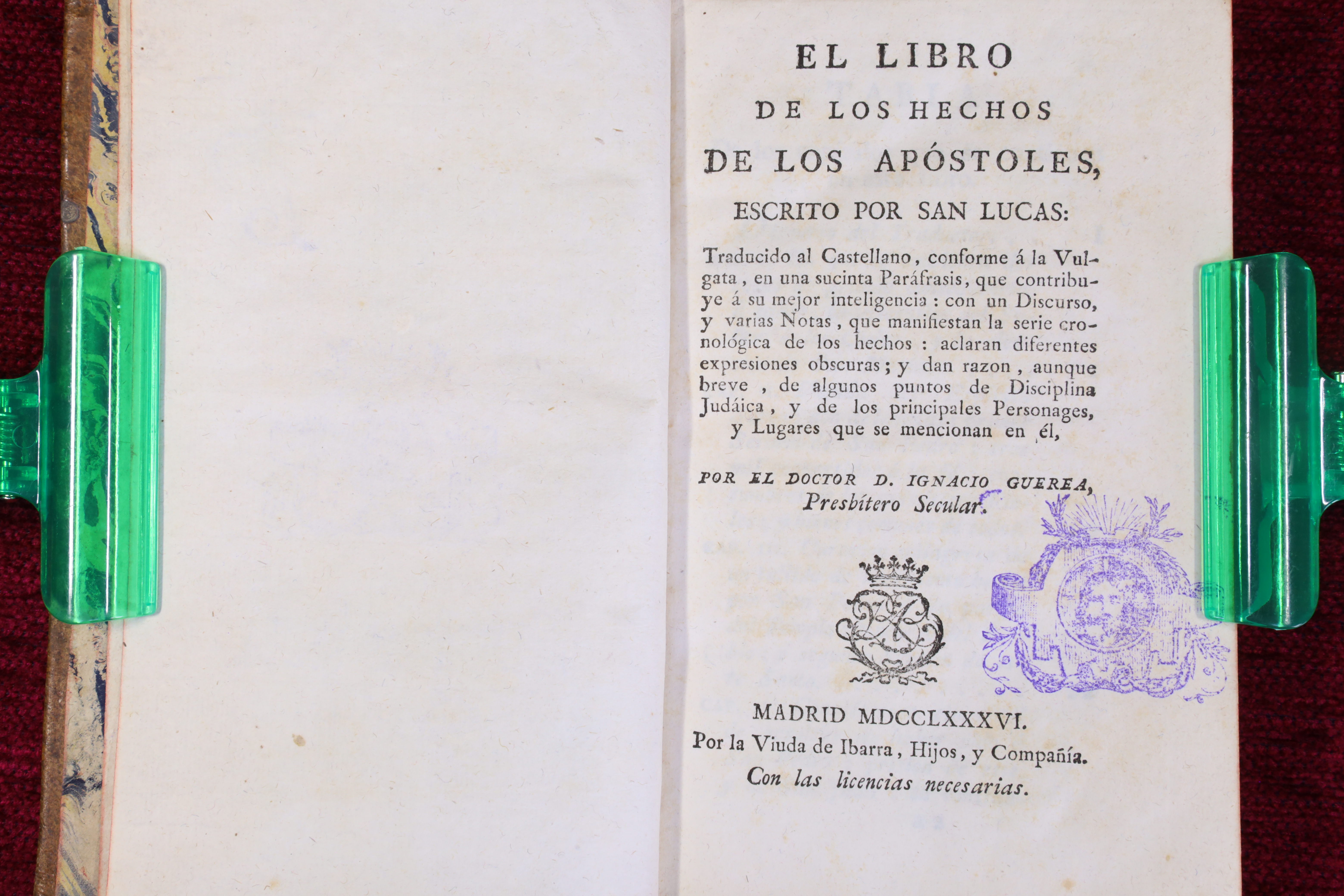 EL LIBRO DE LOS HECHOS DE LOS APÓSTOLES. POR SAN LUCAS. 1786