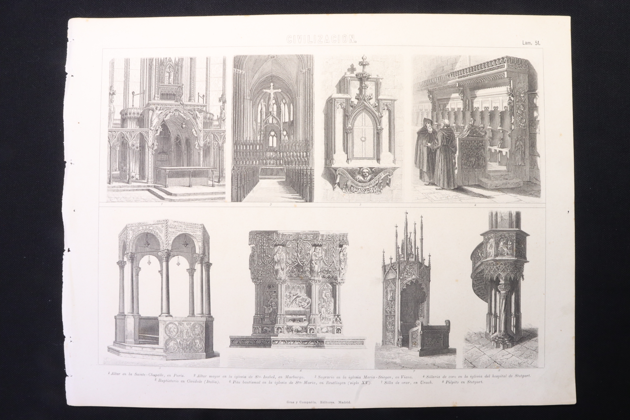 Antiques of engraving civilizacion gras c altar baptismal font pulpit