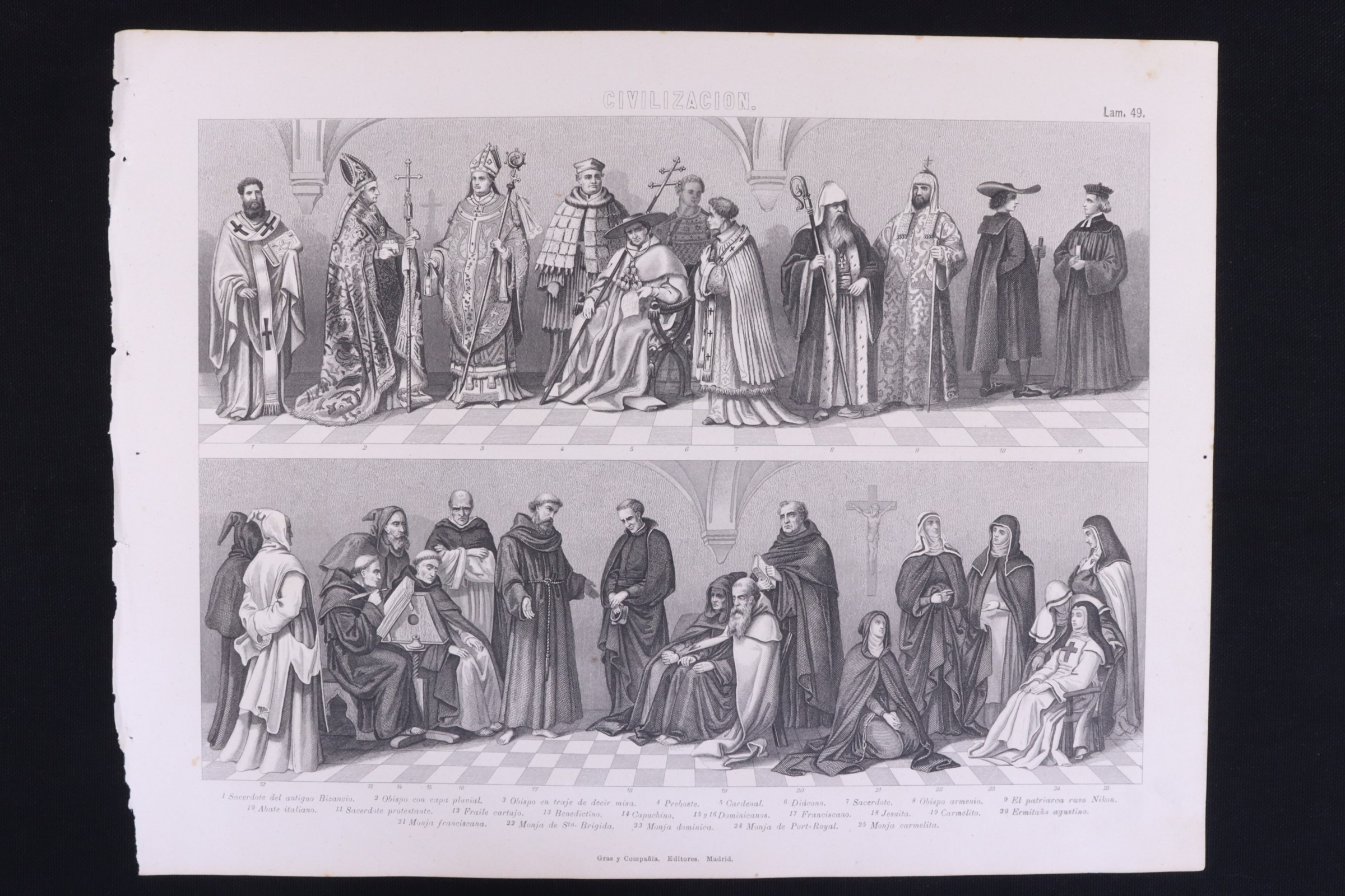 Antiques of engraving civilization gras c religious deacon nuns priests jesuits