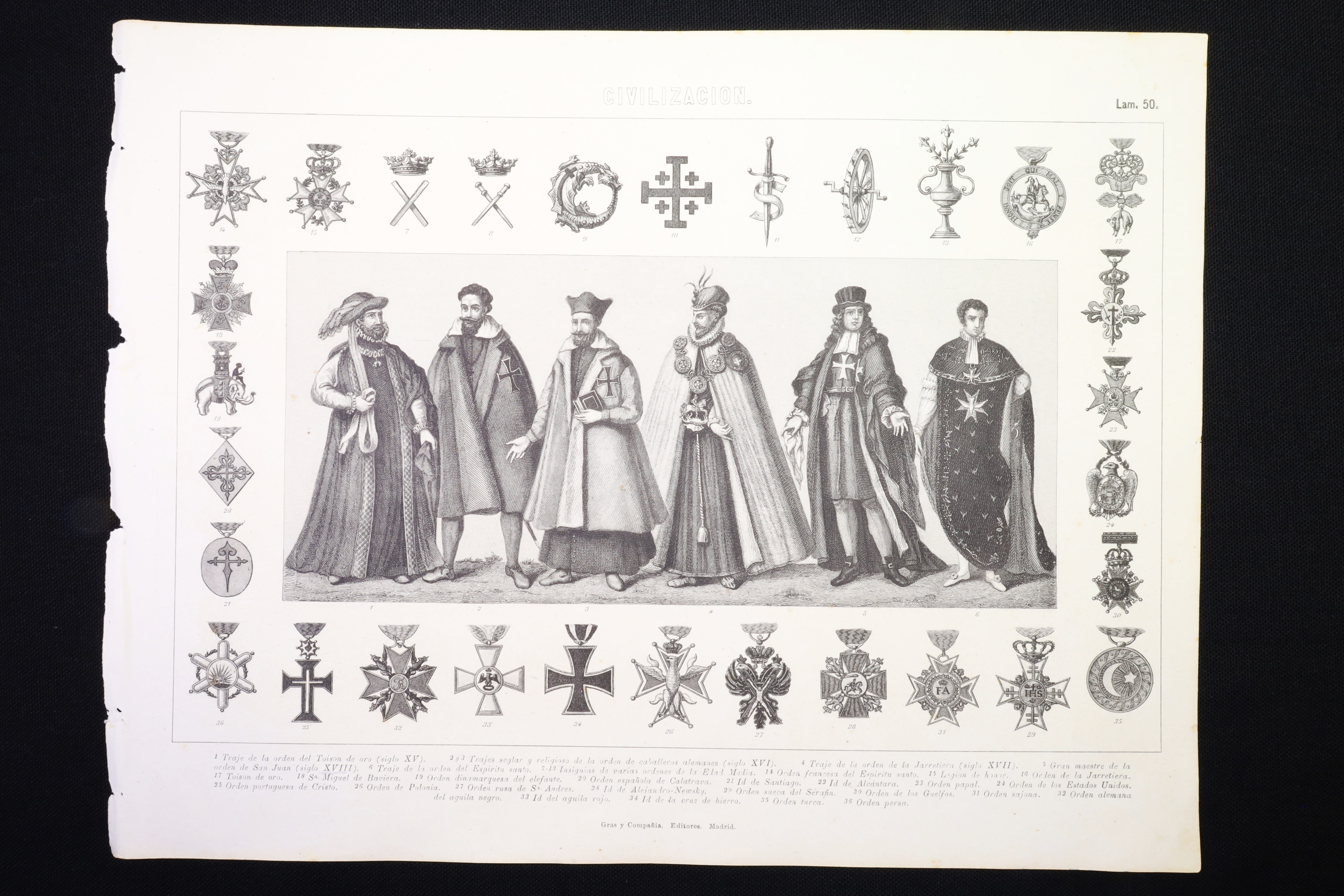 Antiques of engraving civilization insignia and costumes of ancient orders toison seraphim jarretiera