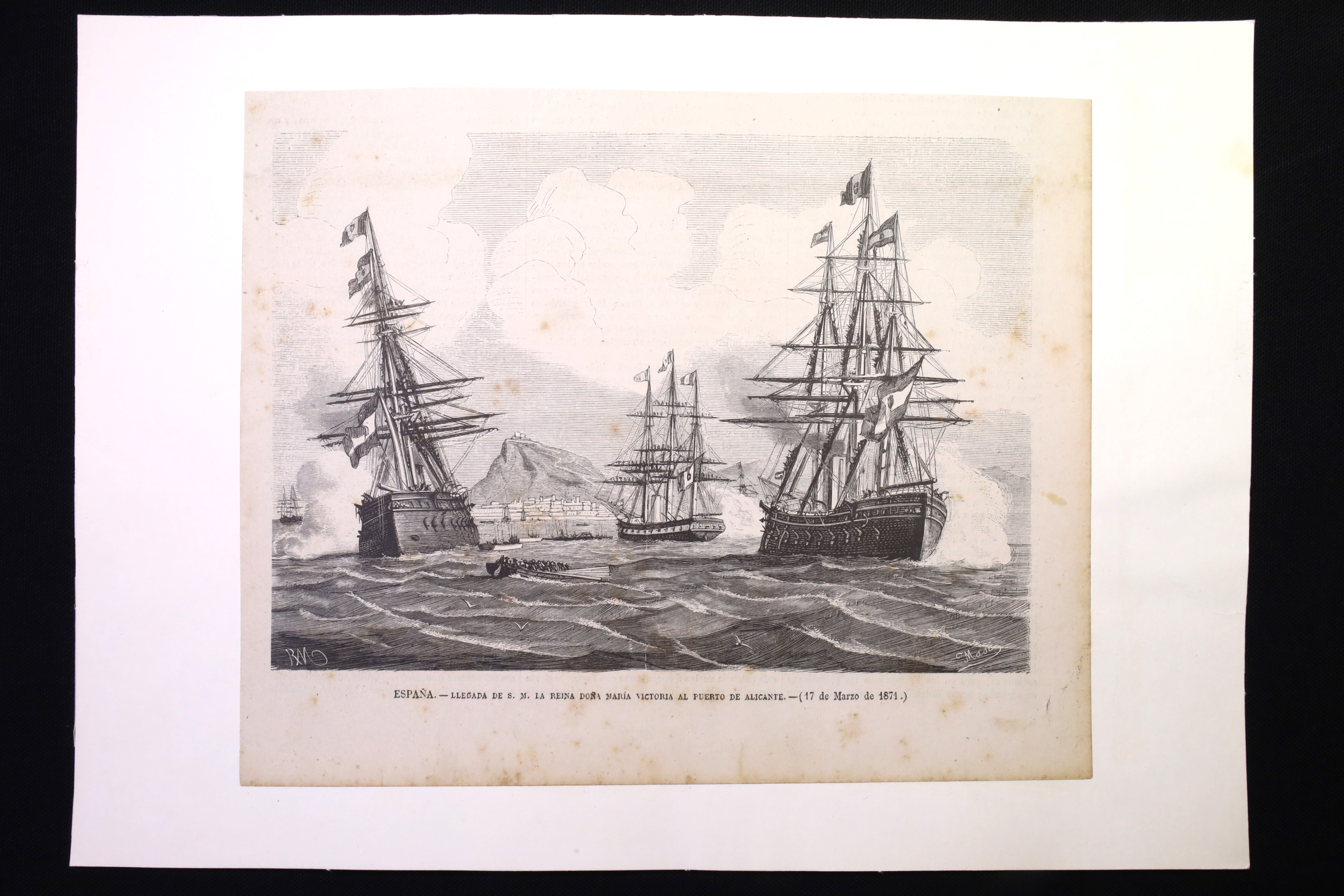 Antiques of engraving arrival of queen victoria at the port of alicante