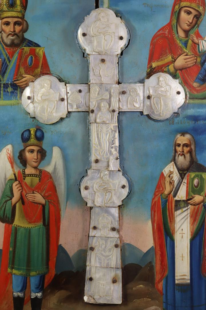 ICONO ORTODOXO RUSO CON CRUZ DE NÁCAR. SAN NICOLÁS DE BARI. S.XVIII (t)