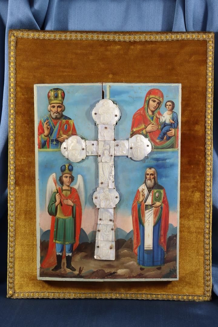 Antiguedades de icono ortodoxo ruso con cruz de nacar san nicolas de bari