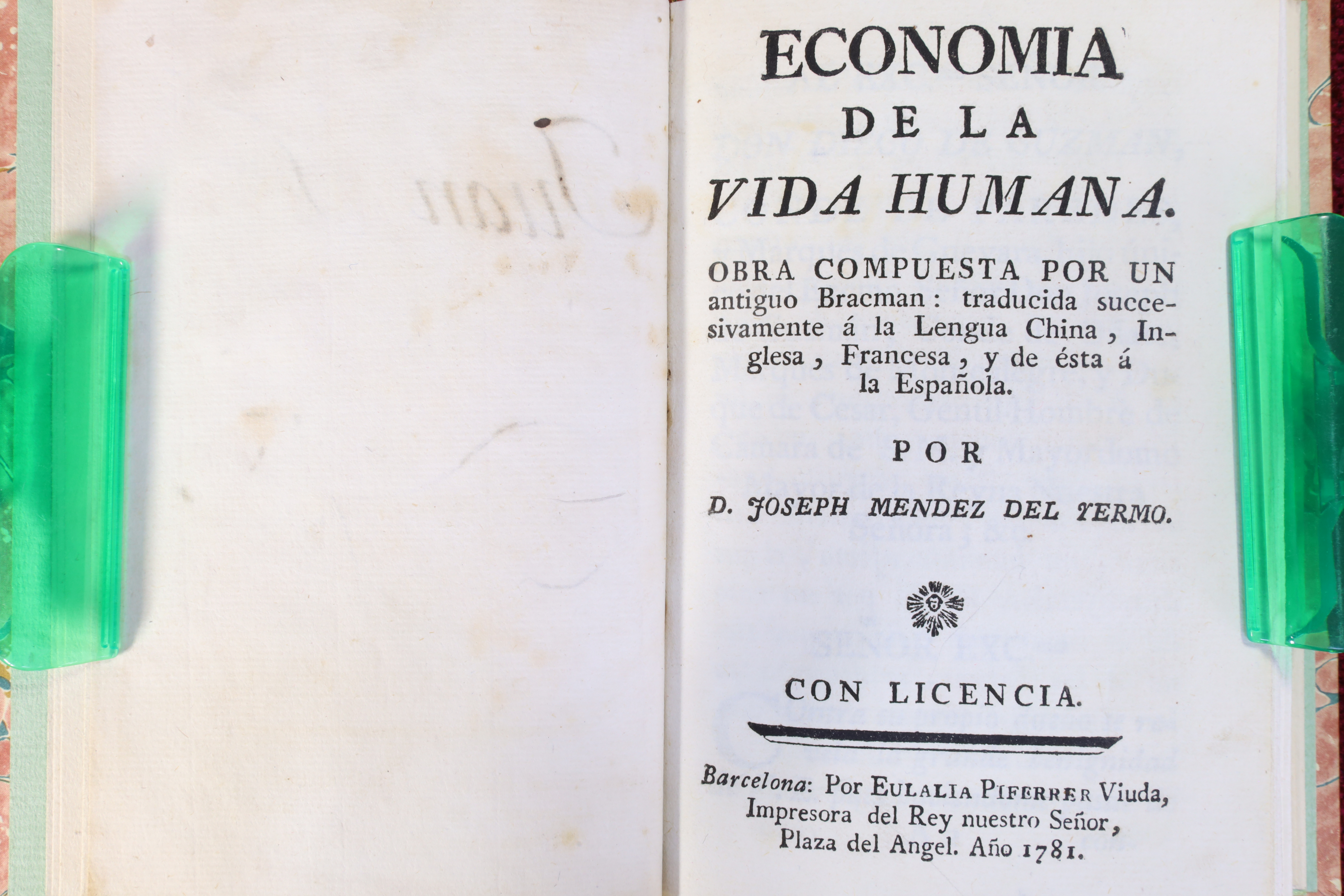 LIBRO ECONOMÍA DE LA VIDA HUMANA. 1781