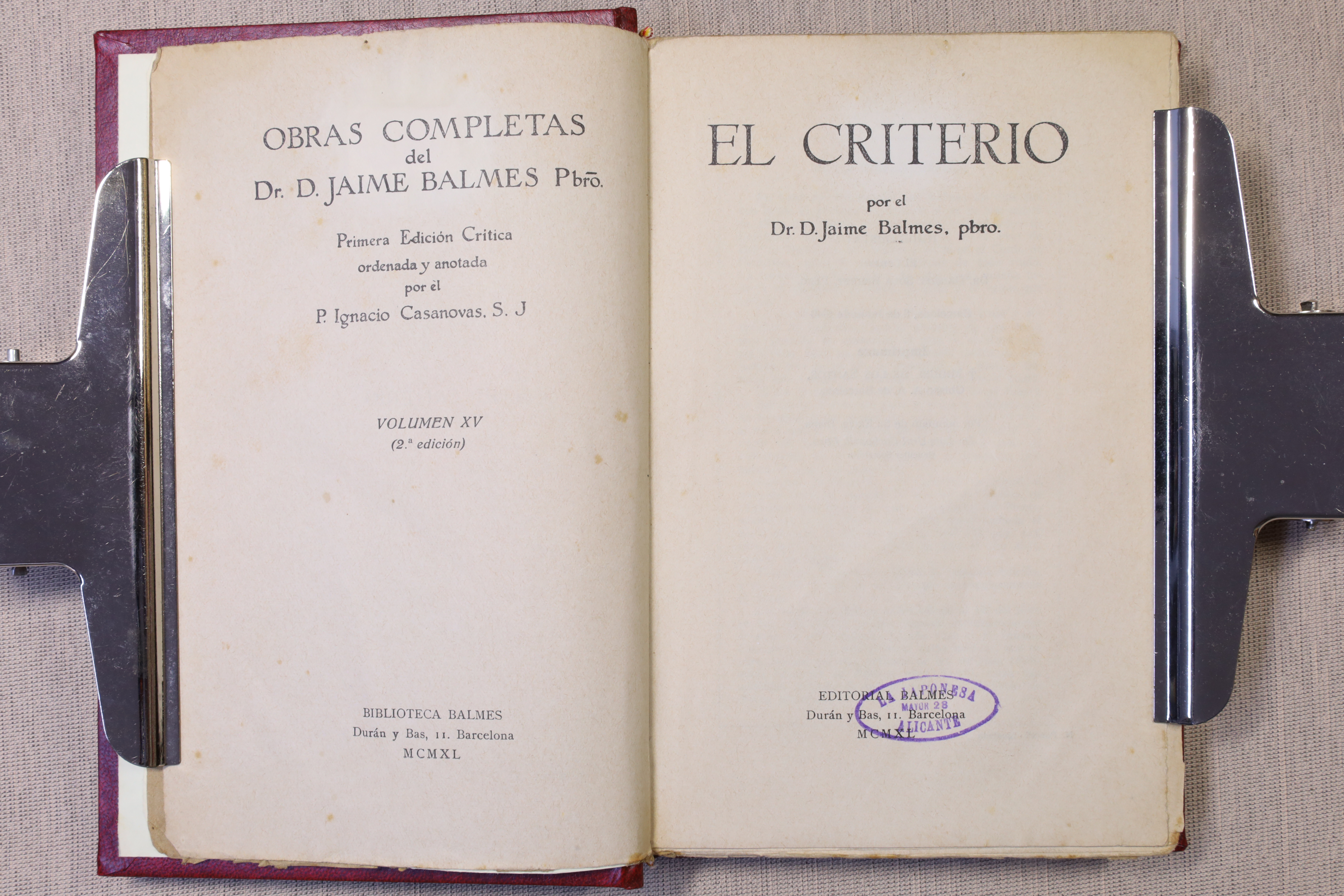 LIBRO EL CRITERIO DE JAIME BALMES. 1940