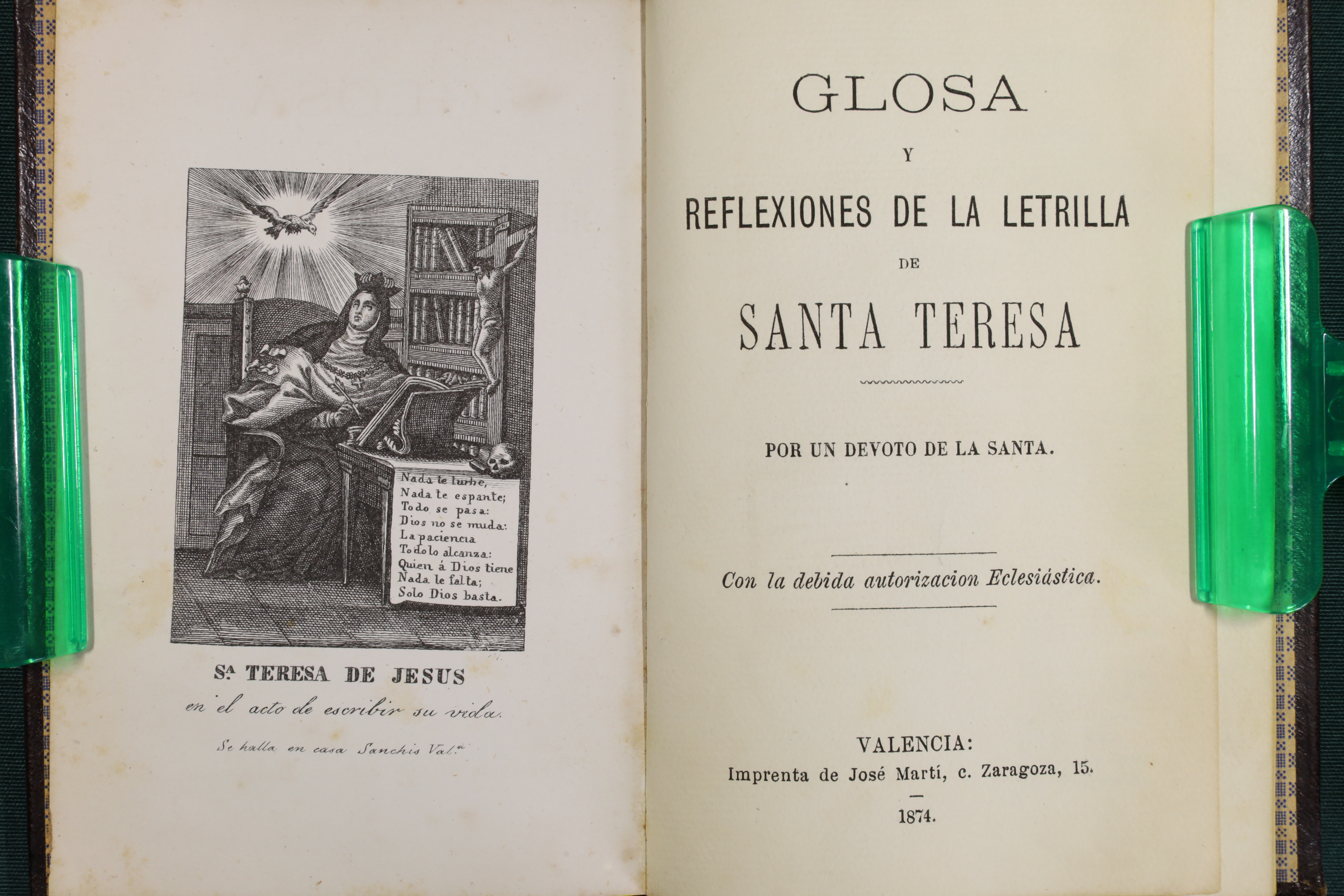 LIBRO GLOSA Y REFLEXIONES DE LA LETRILLA DE SANTA TERESA DE JESÚS. 1874