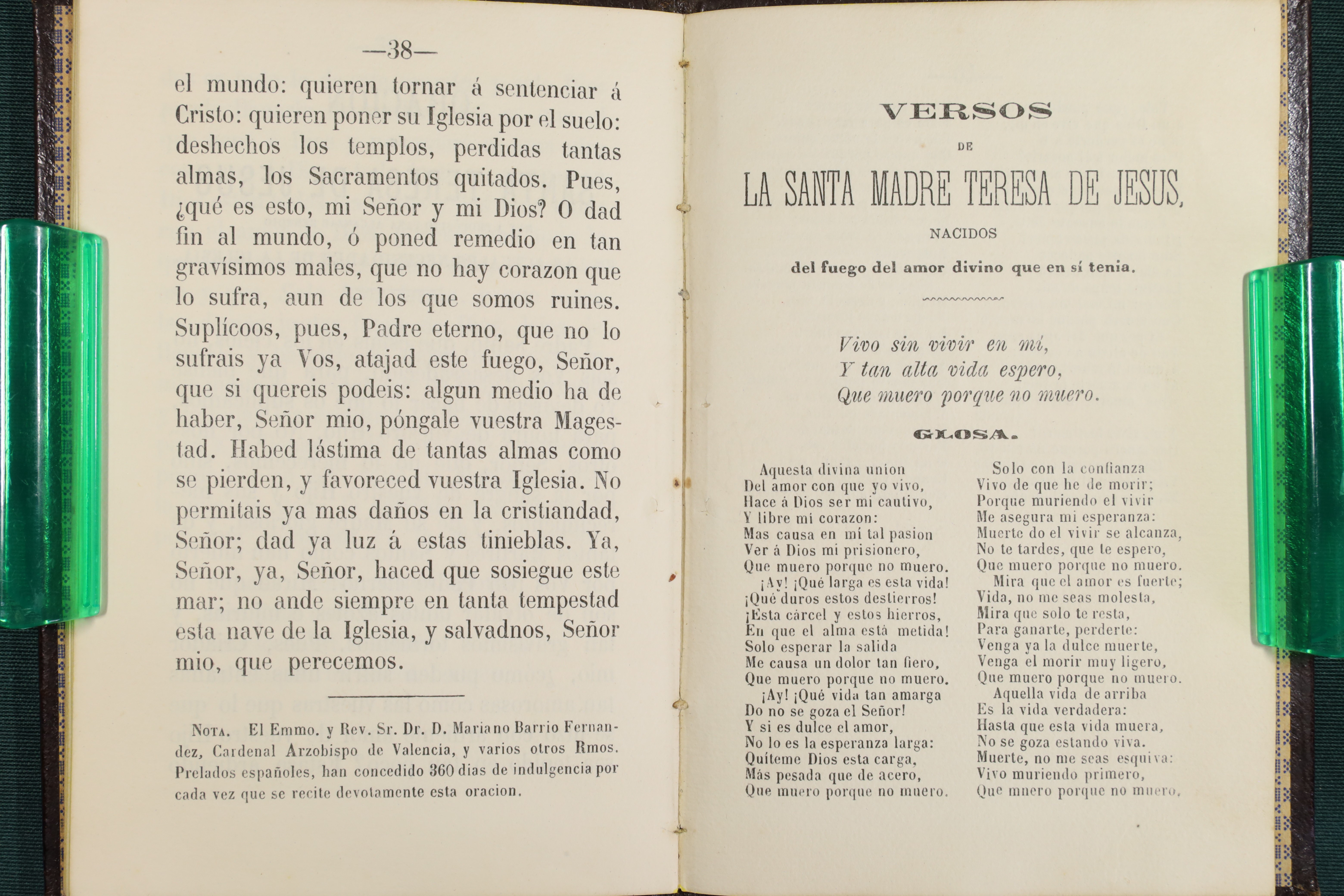 LIBRO GLOSA Y REFLEXIONES DE LA LETRILLA DE SANTA TERESA DE JESÚS. 1874