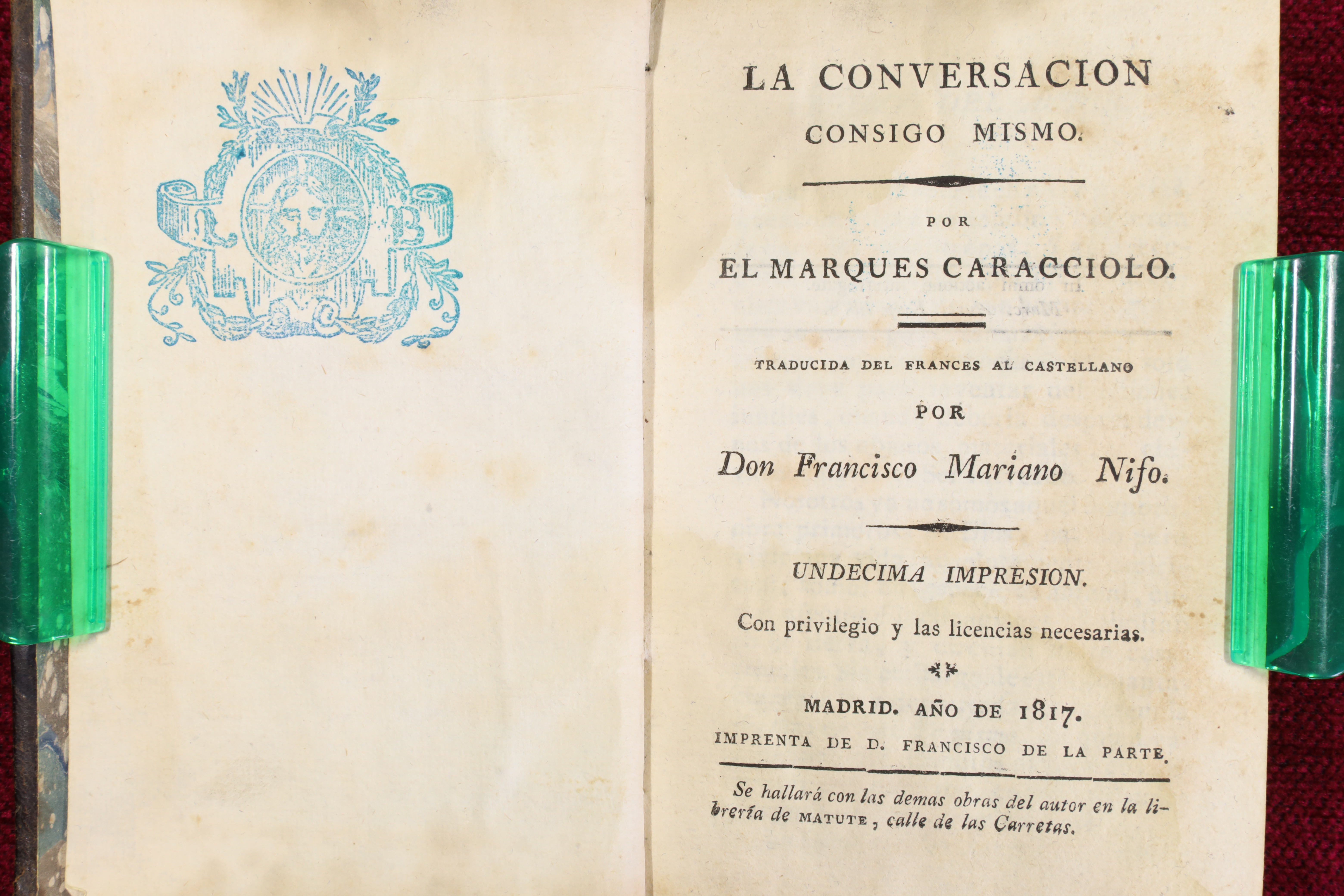 LIBRO LA CONVERSACIÓN CONSIGO MISMO. CARACCIOLO. 1817 (t)