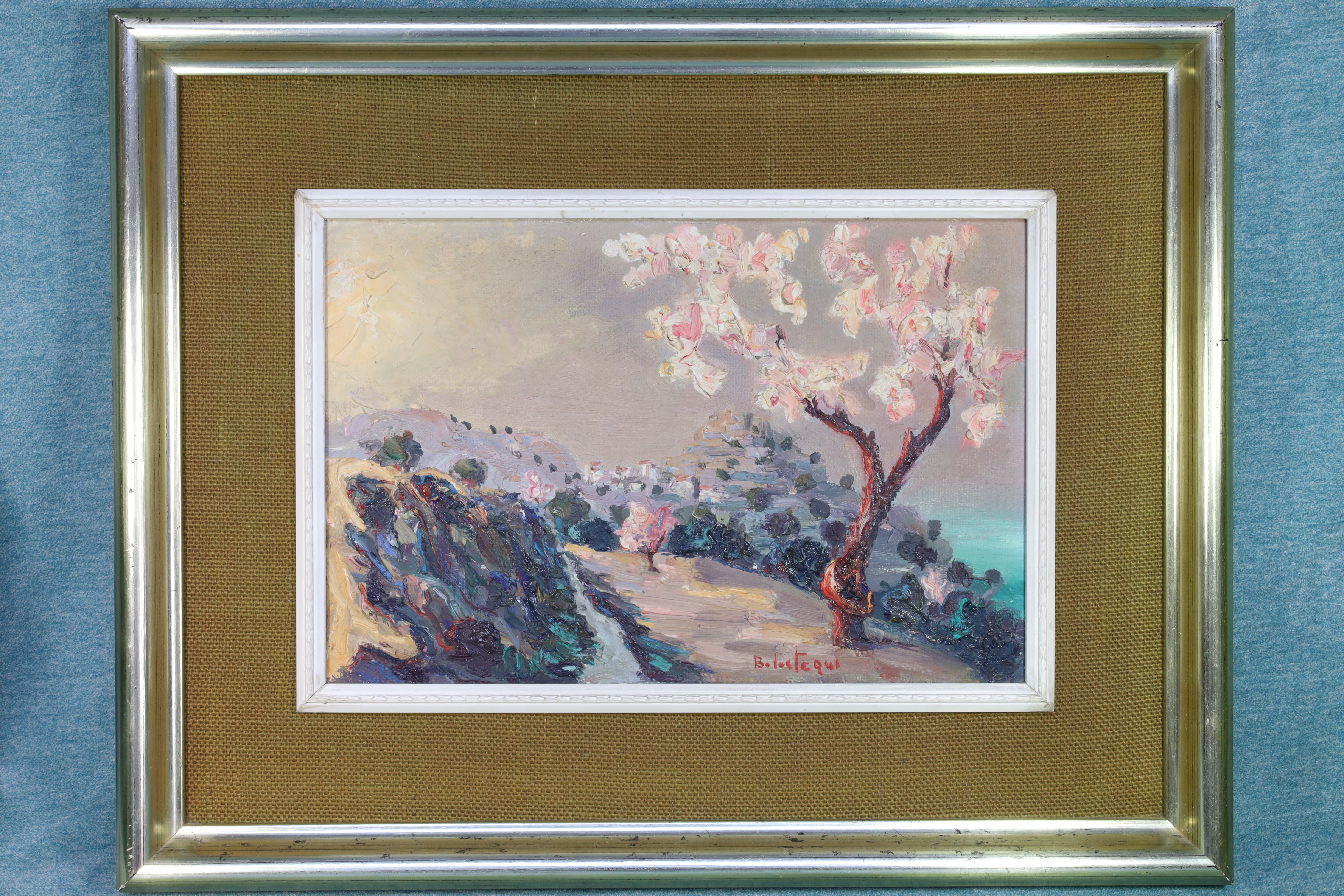 Antiques of oil painting almond blossom busot signed balastegui