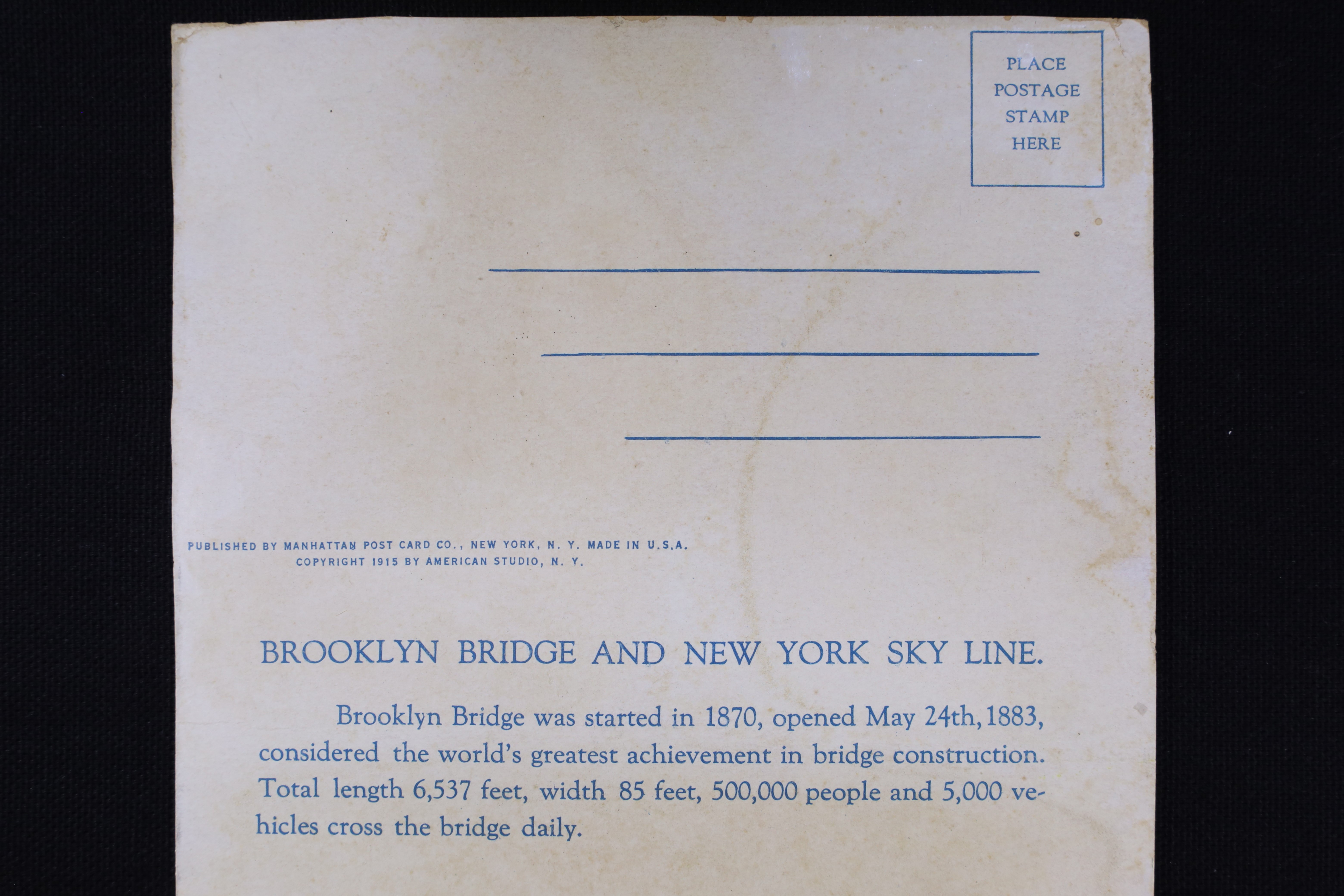 POSTAL RECTANGULAR TRIPLE. PUENTE DE BROOKLYN.  A COLOR. 1915 (t)