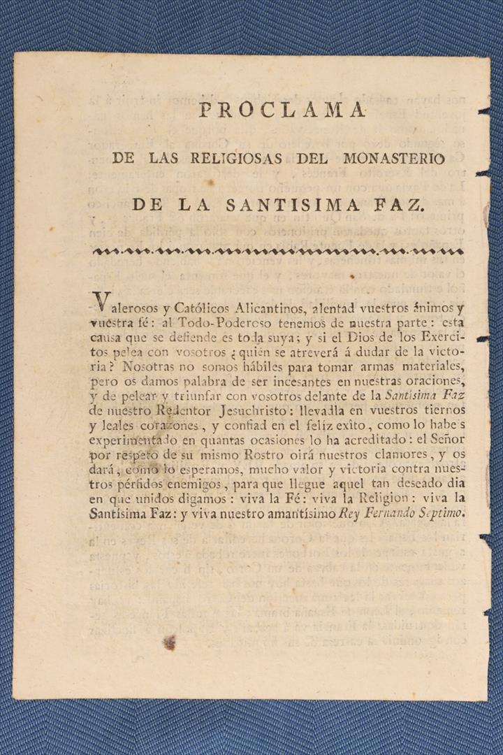 PROCLAMA DE LOS LEALES Y VALEROSOS ALICANTINOS. RELIGIOSAS MONASTERIO SANTÍSIMA FAZ. S.XIX. (t)