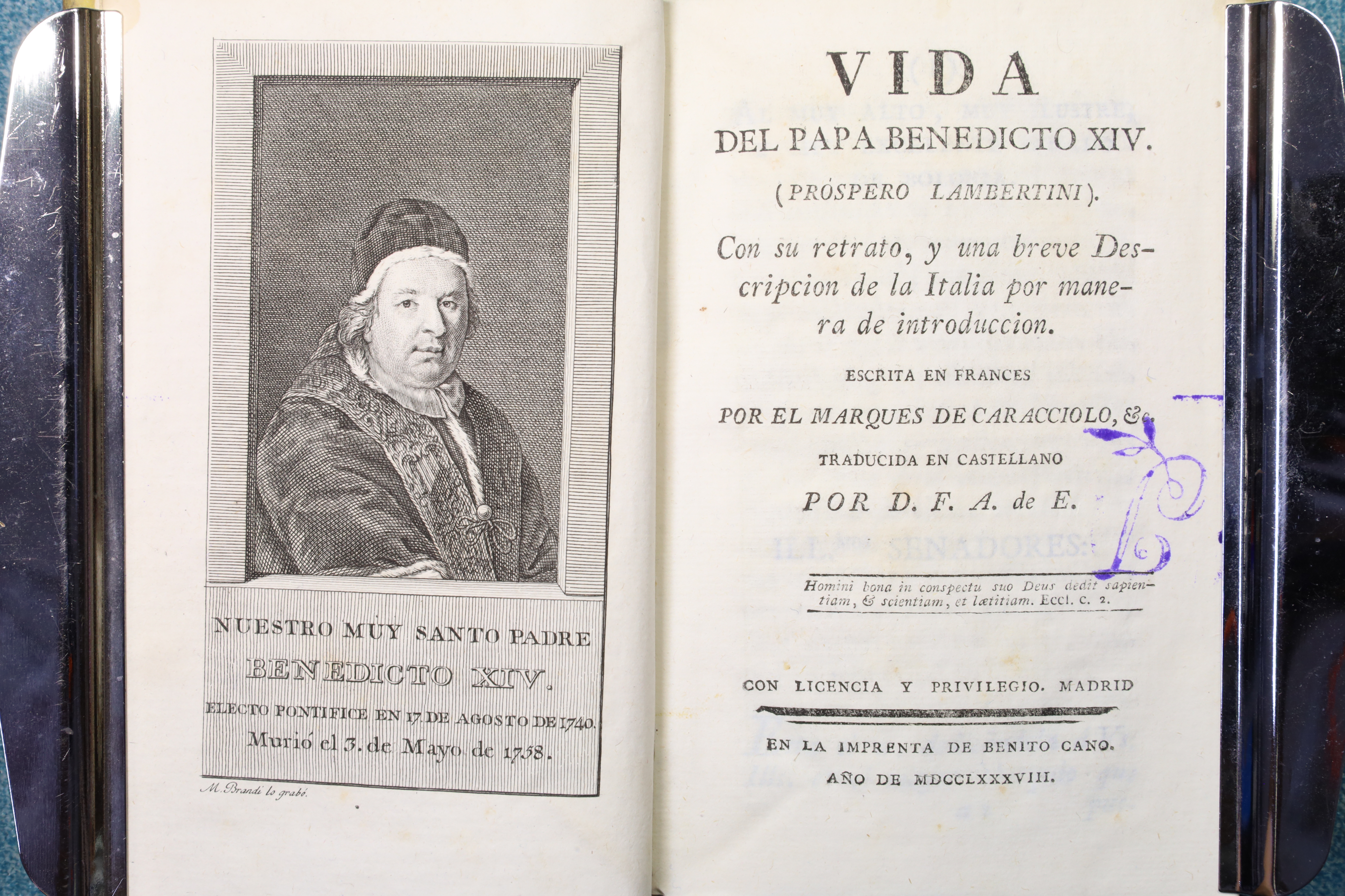 VIDA DEL PAPA BENEDICTO XIV. CARACCIOLO. 1788